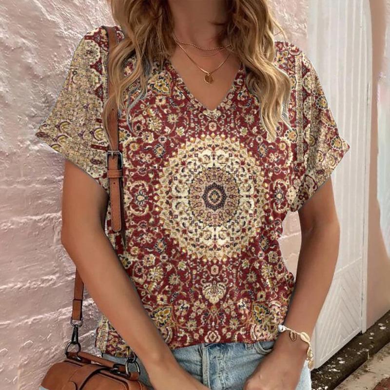 Casual Bohemian Print Women's Short Sleeve V-Neck Top T-Shirt