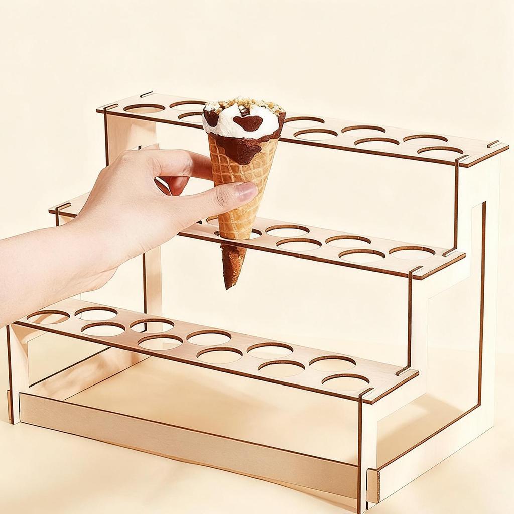 Wooden Ice Cream Cone Holder Shelf 33 Holes Decorative Sturdy 3 Layered Display Stand Pastry Rack
