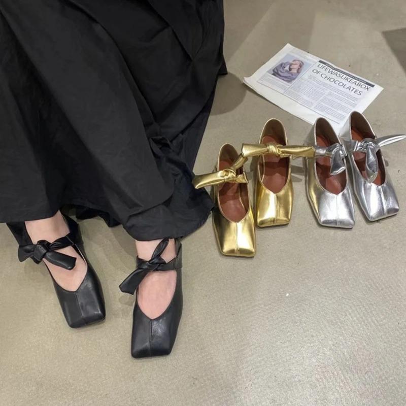 Eckige Zehenpartie Schnürung Glänzend Mary Jane Ballerinas Stilvoll Französisch Flach Silber Neu Frühling und Herbst Flach Ein Riemen Damen Schuhe