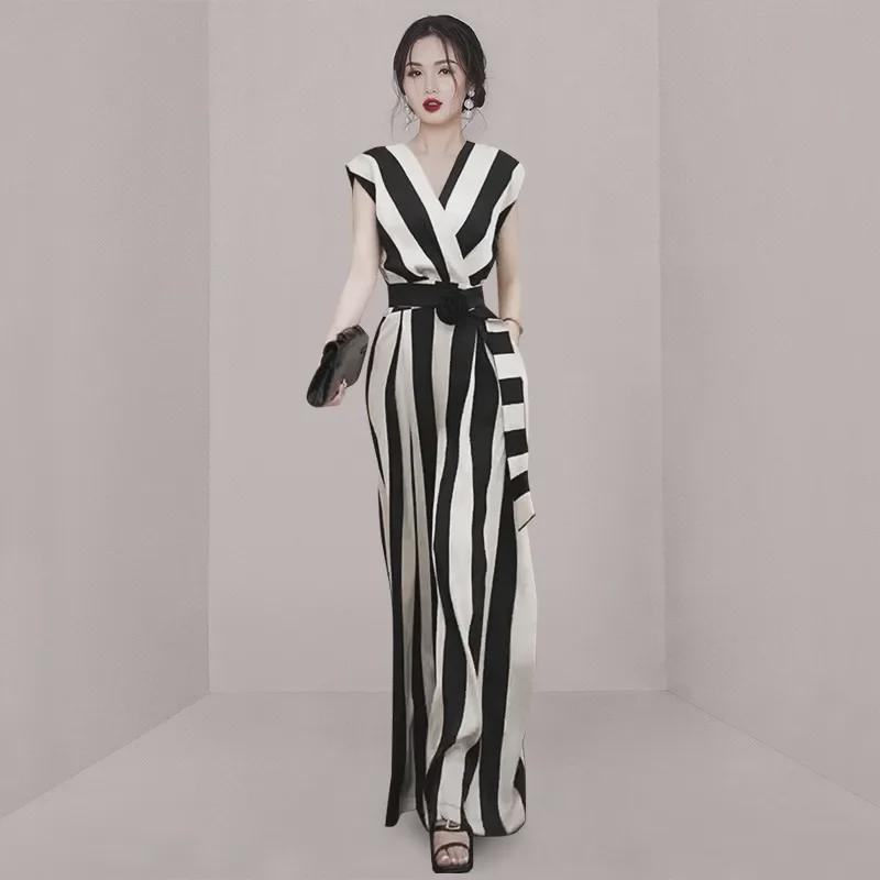 Sleeveless V-Neck Striped Jumpsuit with Waist Belt