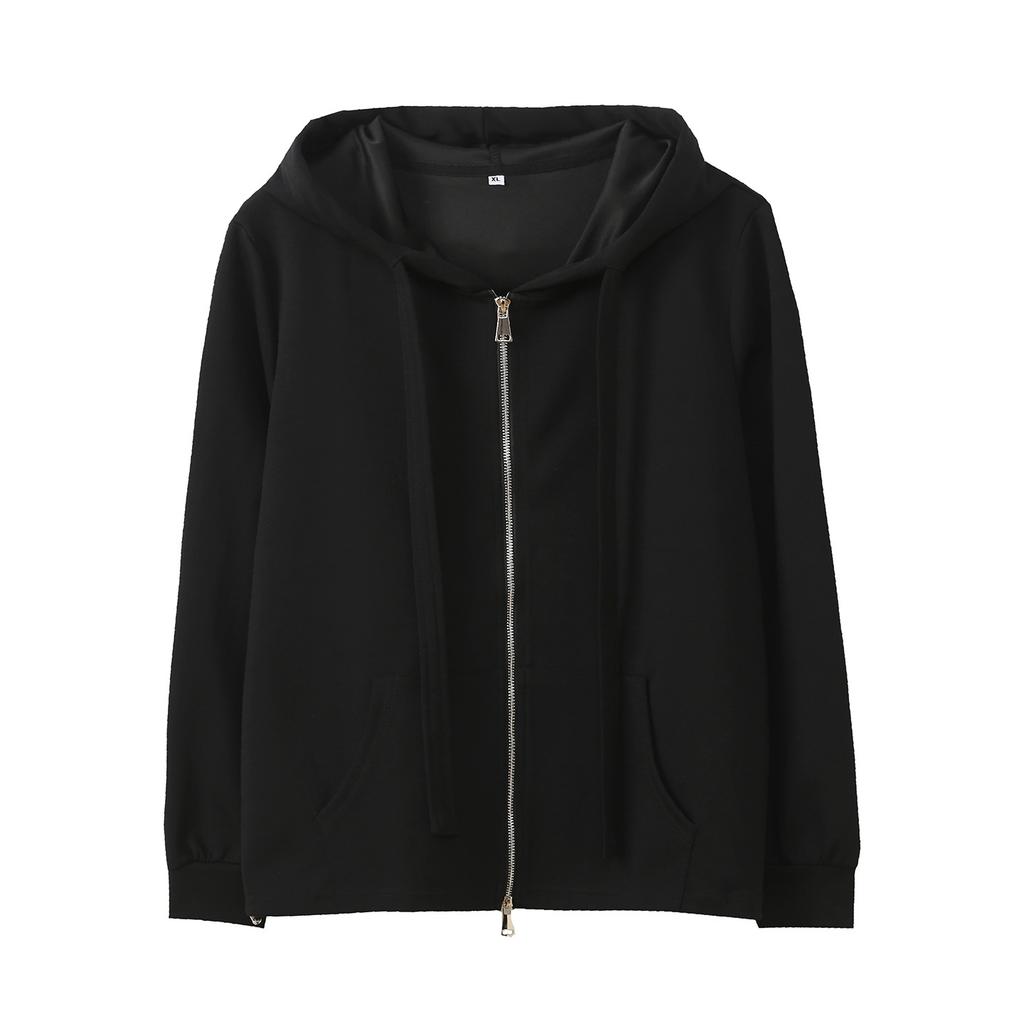 Large Size Women's Clothing Autumn New Solid Color Hooded Sweater Jacket Women's Zipper Pocket Top 333102