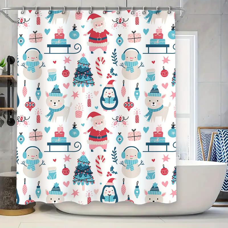 Tu Cute Christmas Shower Curtain Festive Holiday Bathroom Decor Santa Claus Reindeer Pattern Waterproof Fabric Home Textile Xmas