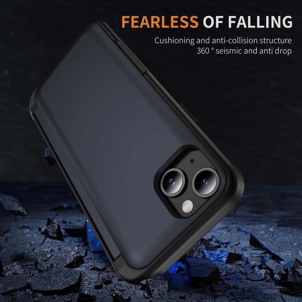 For iPhone 15 Plus Case Flip Kickstand Card Holder TPU+PC Anti-fall Phone Cover