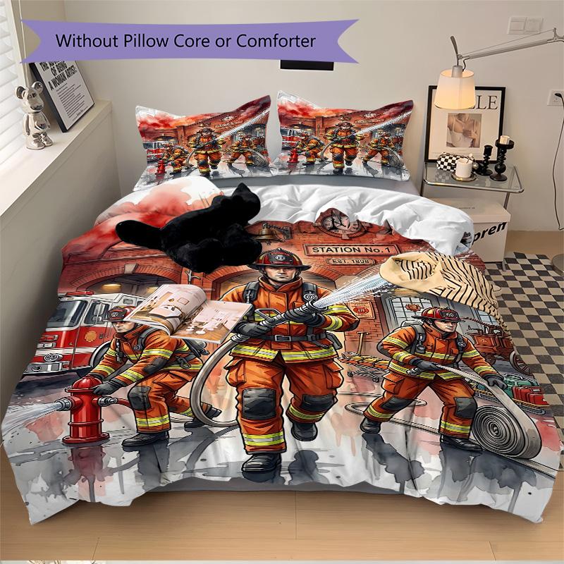 Firefighters Blaze Station Print 3Pcs Bedding Setduvet Cover With 2 Bedropillowcase Home Birthday Gift