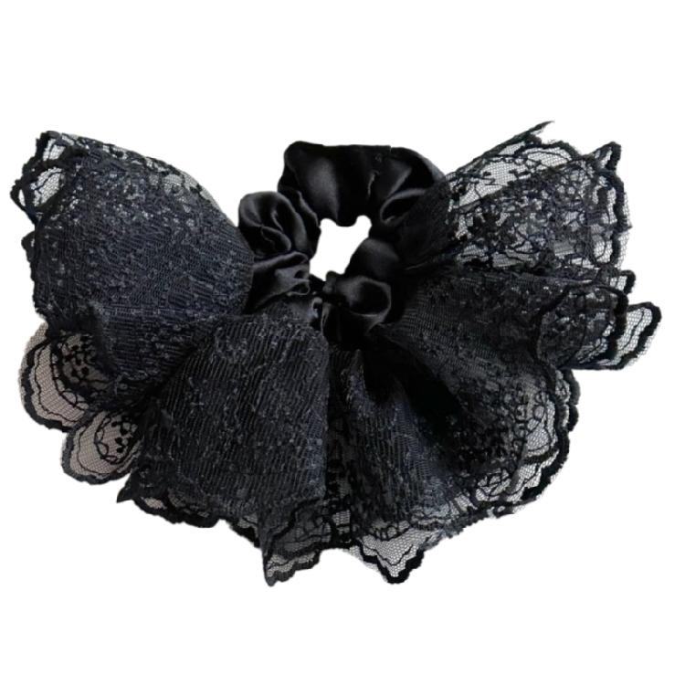 Eye Catching Lace Hairband Voluminous Double Layer Ruffled Concealed Elastic Hair Tie For Effortless Low Ponytails