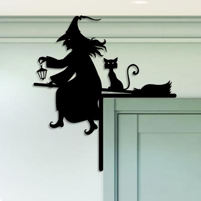 Iron Witch and Cat Door Frame Silhouette Decoration 1 Piece Halloween Holiday Decorations for Family Gatherings Patio Signs