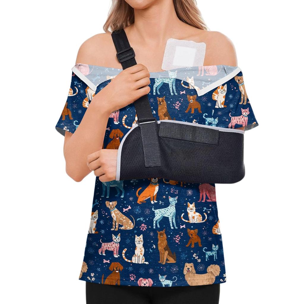 Women Shirt Animal Print Short Sleeve Top Shoulder Zipper Side Hook and Loop Closure Loose Fit Blouse