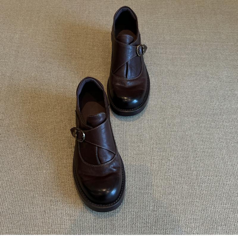 Soft cowhide~ Genuine leather platform women's small thick heel single shoes retro brown small leather shoes