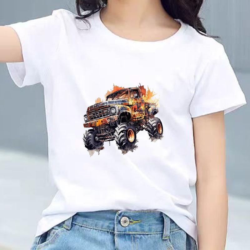 Kids Cotton T Shirt Vintage Watercolor Offroad Truck Print Crew Neck Short Sleeve Tee Casual Breathable Boys Girls Summer Tops