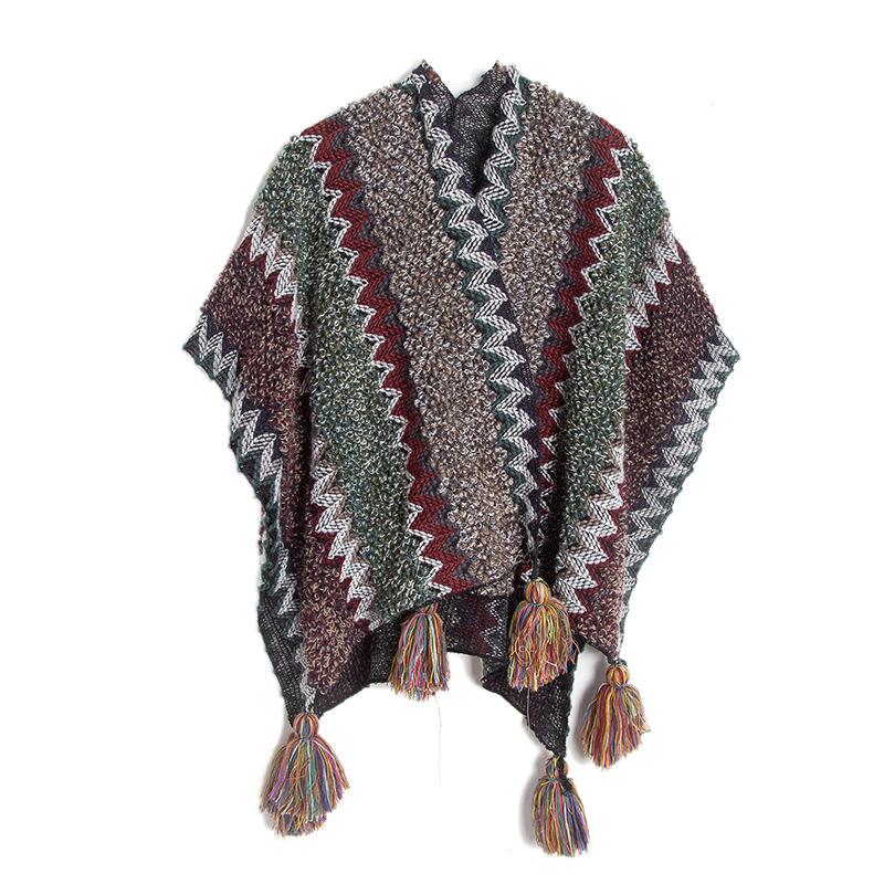 Women's Fashion Spring Autumn Winter Pashmina Ethnic Style Tassel Cape Colorful Knitted Split Shawl