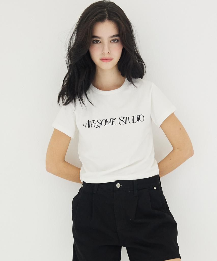 AWESOME STUDIO Awesome Logo Crop Slim Fit Short Sleeve T-Shirt Ivory