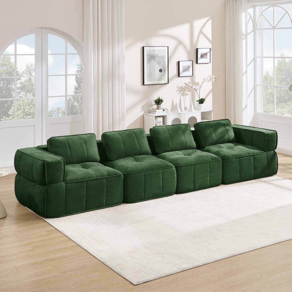 Sofá Nube Extra Grande de 4 Plazas sin Estructura, Modular, Espuma de Alta Densidad 32D, Agradable al Tacto, Tejido Suave, Antideslizante, No Requiere Montaje, Verde.