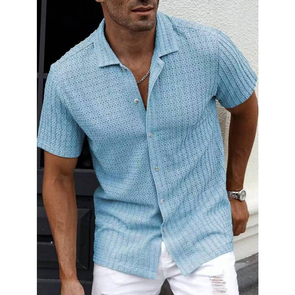 Men's Casual Knitted Shirt for Summer New Solid Color Lapel Hollow Breathable Short-sleeved Top