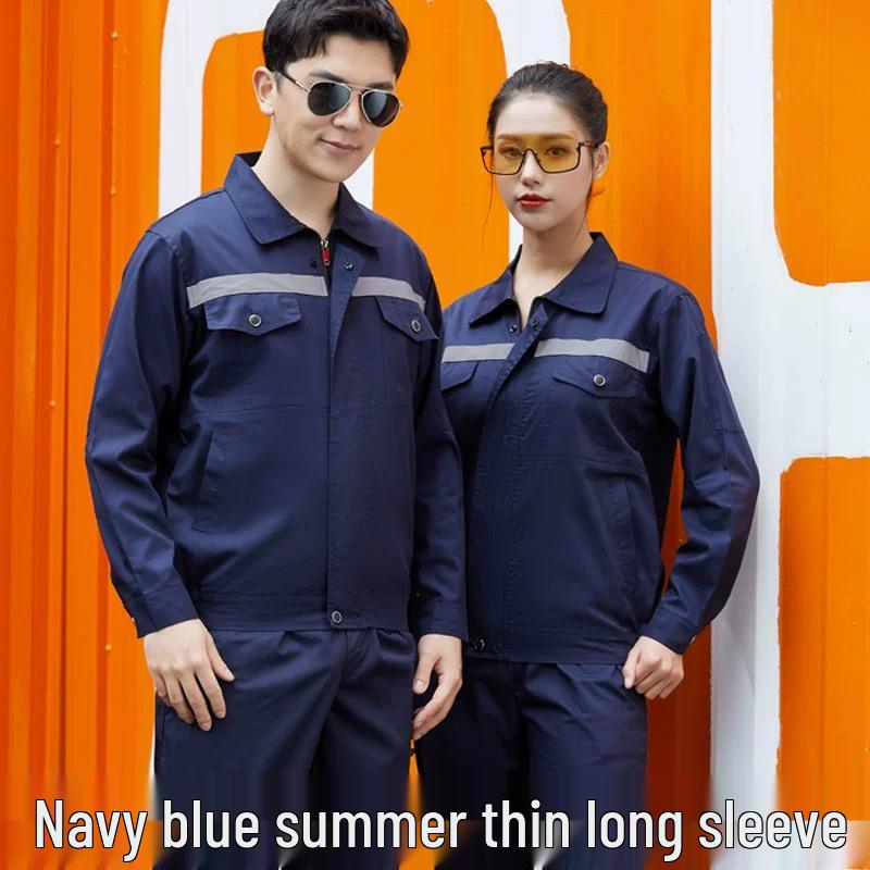 Summer Lightweight Polyester Cotton Reflective Workwear Set - Long Sleeve Protective Clothing for Construction and Workshop Use.