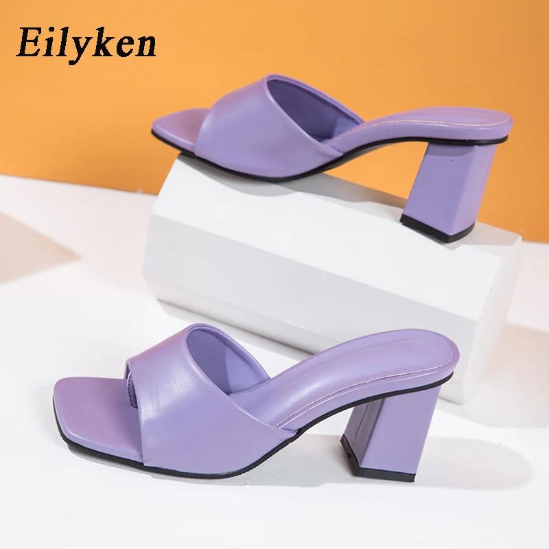 Fashion Eilyken Summer Women Purple Slipper Square High Heel Beach Slip On Sandal Flip Flop Slides Size 41 42