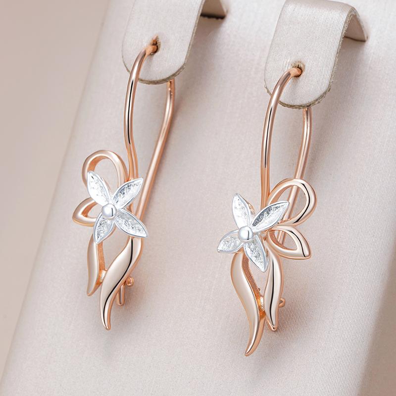 Luxury Glossy Metal Flower Long Drop Earrings For Women  Rose Gold  Color Mix Daily Fine Vintage Jewelry
