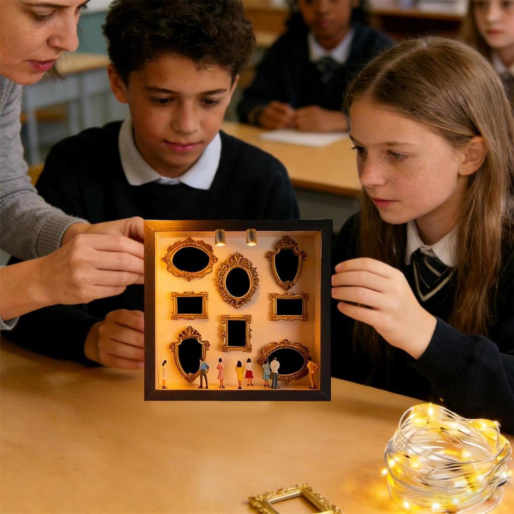 DIY Mini Museum Silhouette Box, 3D Photo Frame Display Box, comes with 8 gold mini photo frames and figure statues, mini figure