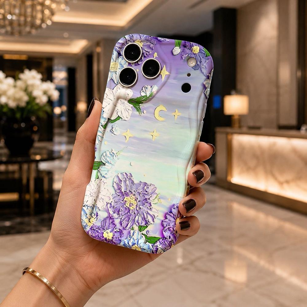 Oil Painting Purple White Flower Moon Star Phone Case For iPhone 16 15 14 Pro Max 13 12 Wavy Edge