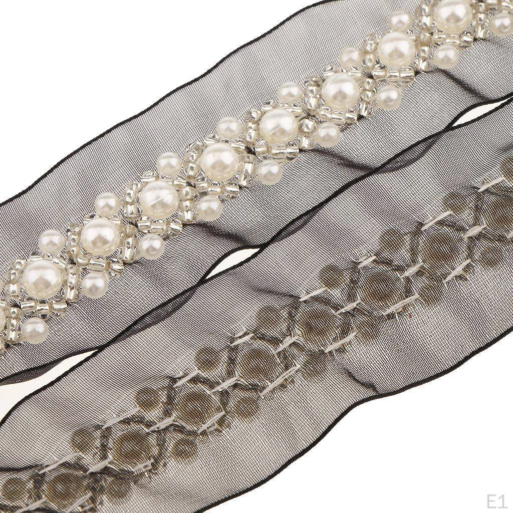 Panglică din dantelă din plasă de broderie cu margele de perle de 1 Yard pentru cusut decorare rochii de mireasă de nuntă negru