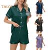 2-teiliges Pyjama-Set, Satin, einreihiges Cardigan-Hemd, V-Ausschnitt, Reverskragen, einfarbiges Hemd mit Brusttasche, lockere Shorts, Nachthemd, Nachtwäsche
