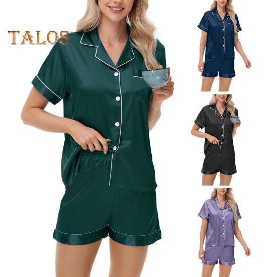 2-teiliges Pyjama-Set, Satin, einreihiges Cardigan-Hemd, V-Ausschnitt, Reverskragen, einfarbiges Hemd mit Brusttasche, lockere Shorts, Nachthemd, Nachtwäsche