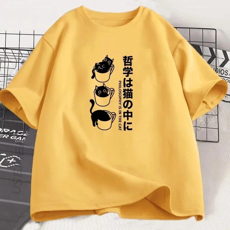Funny Kawaii Cat TShirt Japanese Cat Coffee Lover T Shirt Women Streetwear Harajuku Clothing Cute Black Cat Tee Women Tops