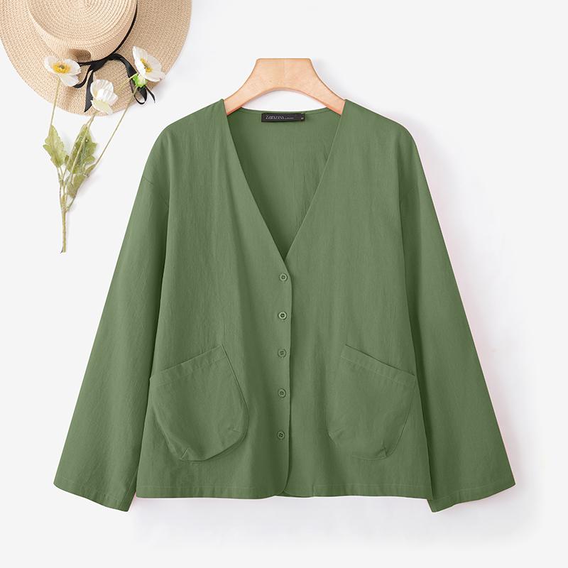 

ZANZEA Women Casual V-Neck Loose Long Sleeve Cotton Blouse 3XL зелёный