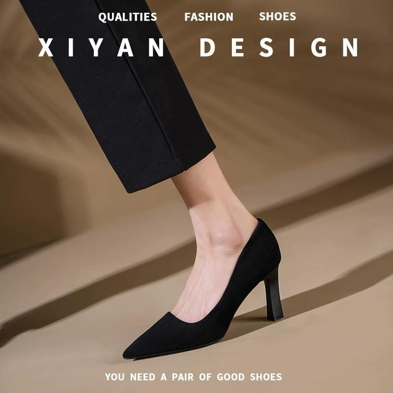 

A 2025 high-heeled shoe women s suede soft sole is not tired after standing for a long time, formal dress commuter, professional black work shoes, sin 34