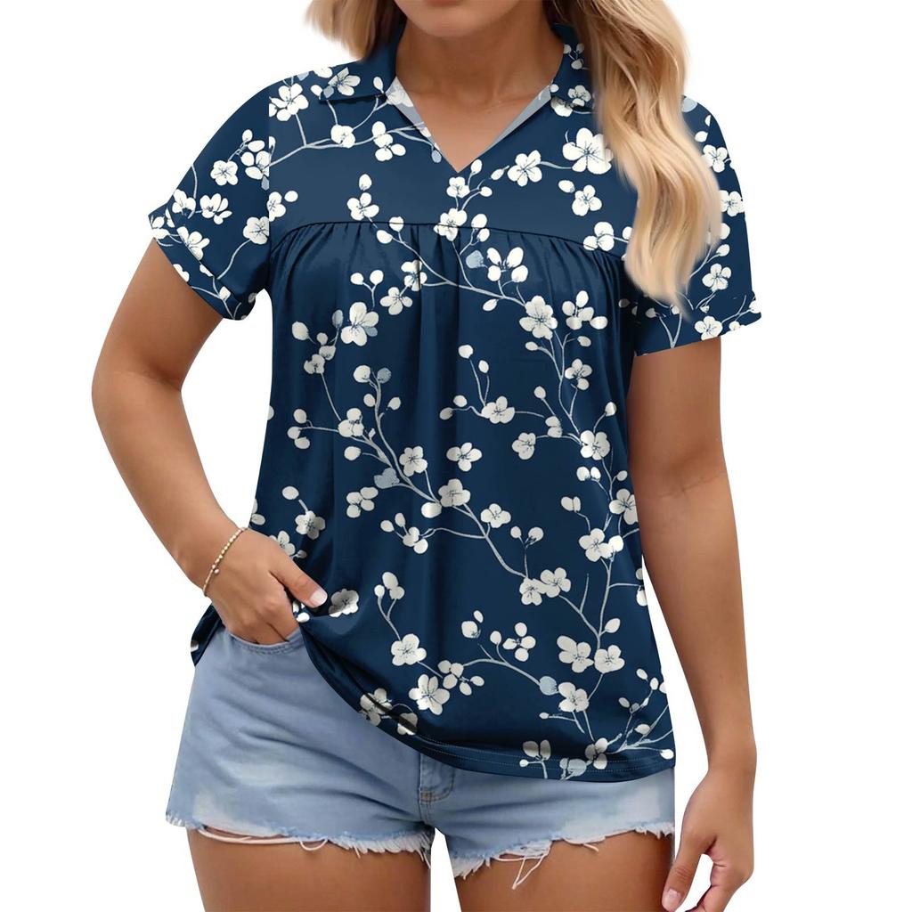 Women's Fashion Casual Printed V-Neck Short Sleeve Large Size T-Shirt Top
