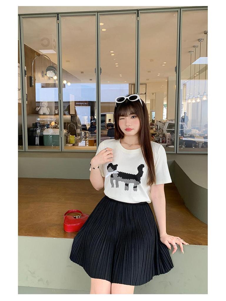 Exquisite Bowknot Kitten Print Round Neck Loose Fit T-Shirt for Women, Plus Size, Short Sleeve Summer Top