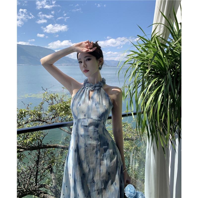 Ladies Summer Embroidery Vintage Hanging Neck Chiffon Floral Dresses