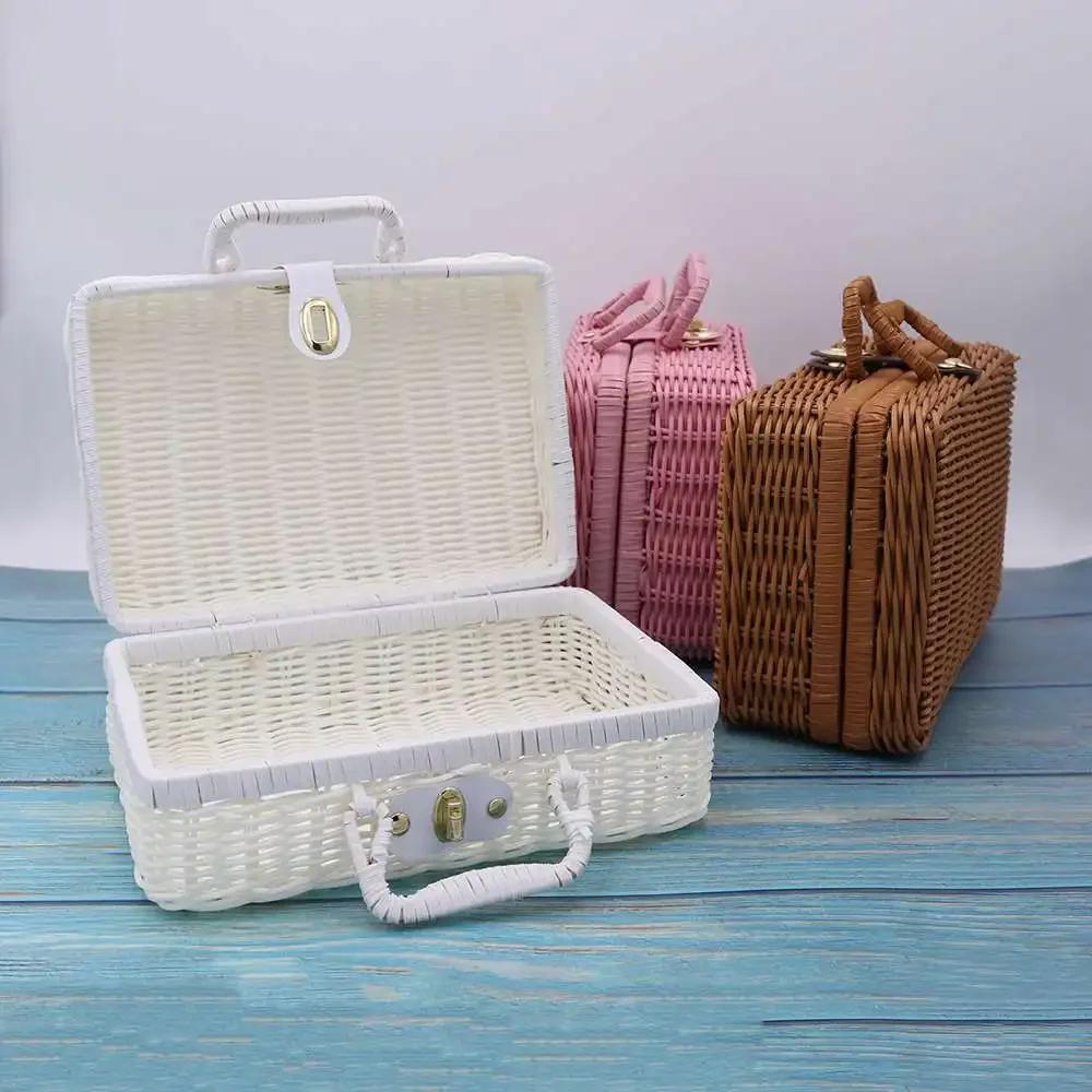 Manual Woven Cosmetic Storage Box Retro Rattan Suitcase with Hand Gift Box Wicker Rattan Picnic Laundry Baskets Home Storage