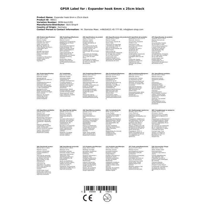 Sandow avec Crochet 6mm x 25cm Noir - Fixation Bâche et Filet