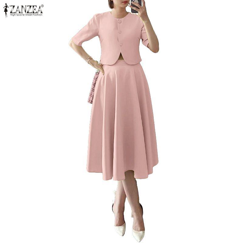 ZANZEA Women Short Sleeve Blouse and Skirts Summer Casual Two Piece Suit Sets