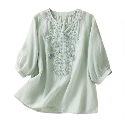 Letnia koszula damska V Neck haft w kwiaty rękawy trzy czwarte luźna jednokolorowa Retro matka w średnim wieku kobieca codzienna codzienna bluzka