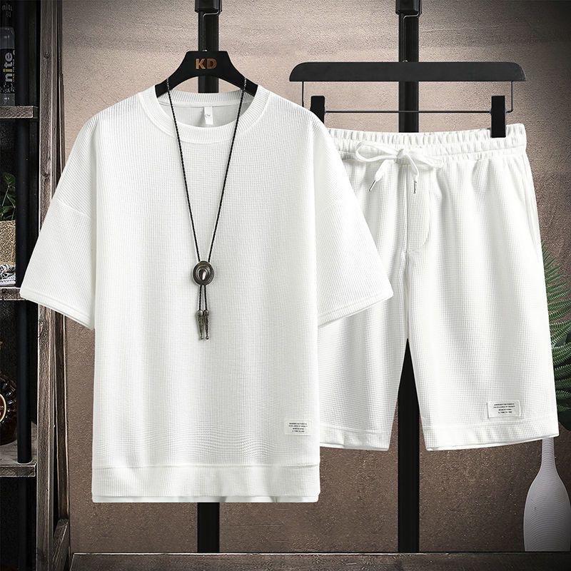 Men's Waffle Knit T-Shirt Shorts Set 2 Piece Casual Outfit Fake Two-Piece Design