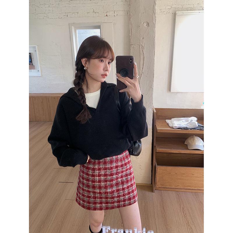 Ge Ming Women s Winter Plaid Wool Bodycon Skirt S (80-100 cm)