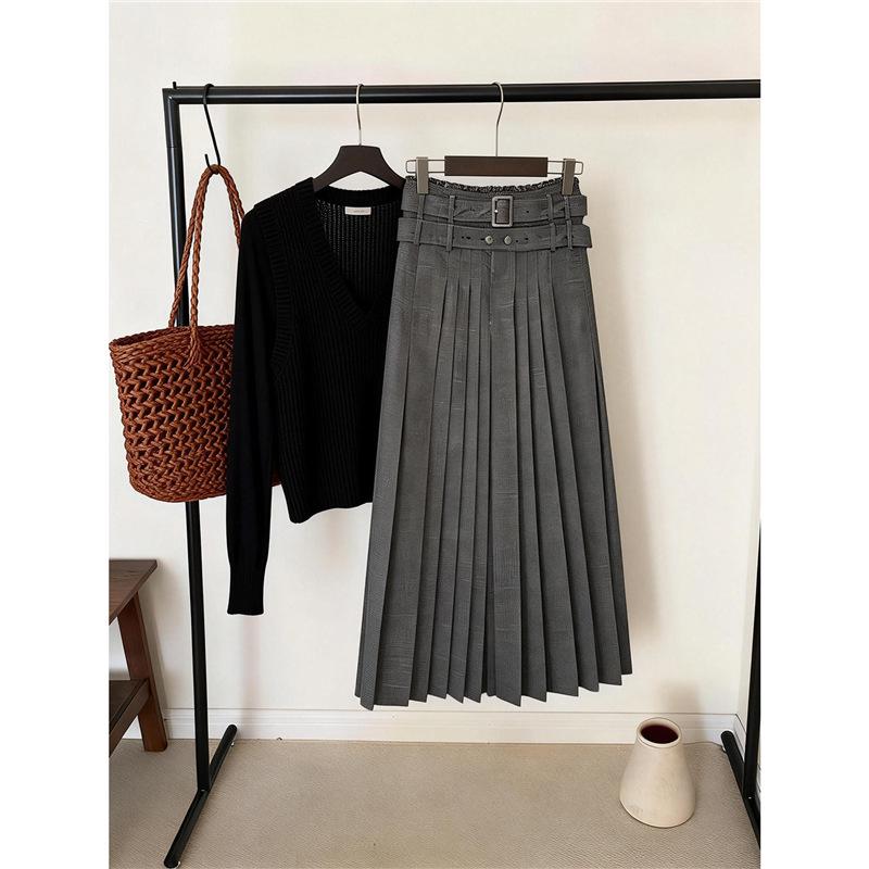 Korean Temperament Gray Winter A-line Pleated Long Skirt