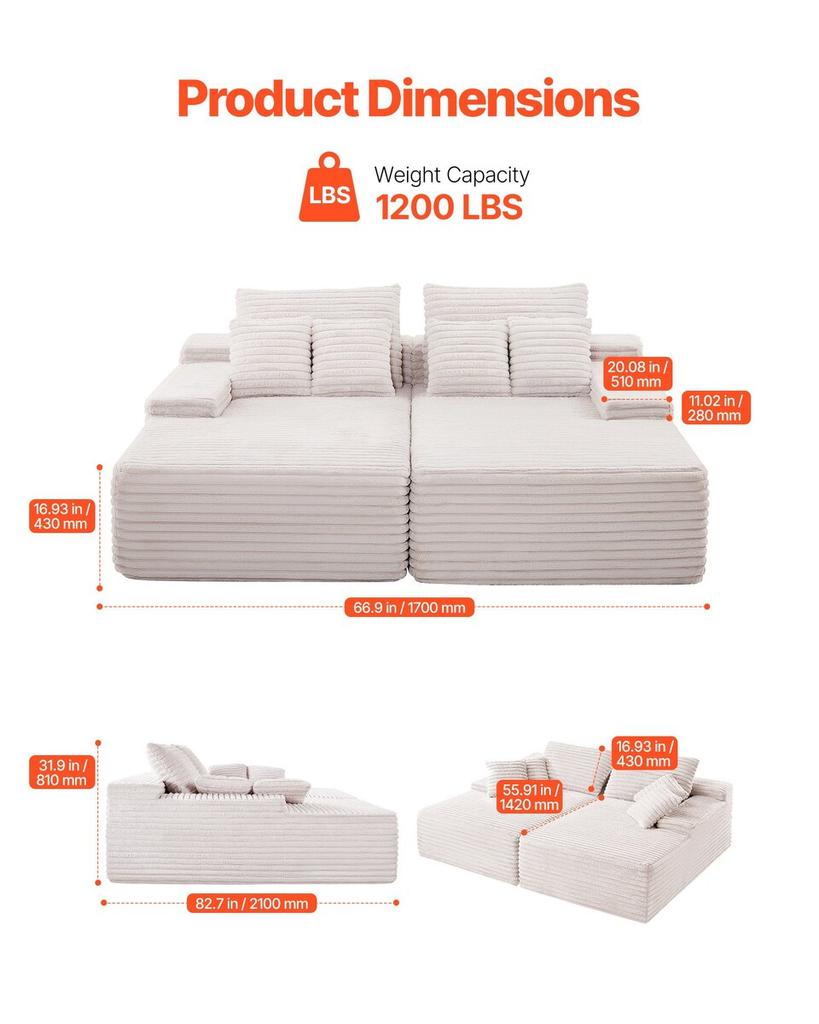 Chaise Longue Double Surdimensionnée 210 cm, Canapé Modulable en Velours Côtelé, Canapé Loveseat Confortable à Assise Profonde avec Coussins Souples et Coussins Décoratifs pour Salon