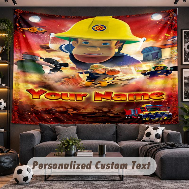 Wall Hanging Tapestry Custom NameFireman Sam Pattern Personalized Printed Fabric Wall Decor