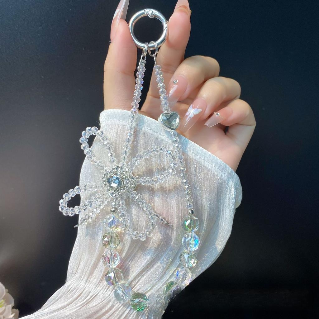 Four-leaf Clover Inlaid Zircon Phone Chain Flower Ball Crystal Bead Creative Bowknot Hanging Chain Car Keychain Jewelry for Women