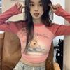 Kawaii Pink Rabbit Print Crop T Shirts Women Harajuku Sweet Cute Graphic Tops Streetwear Vintage Sexy Long Sleeve Tees