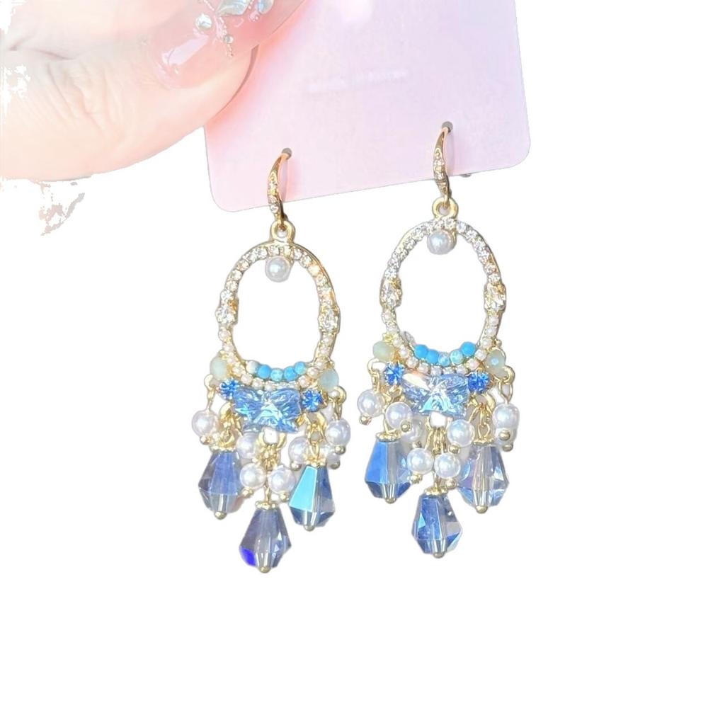 Blue hollow fringed pendant earrings French retro girls earrings high-end versatile earrings niche