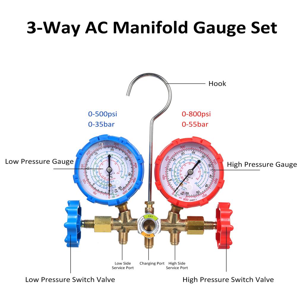 AC Gauges, AC Manifold Gauge Set for R134a R32 R22 R410A, 3 Way Automotive AC Gauge Set with Hoses Adapter