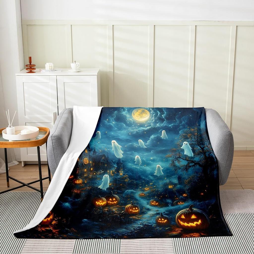 Mushroom Skull Fleece Blanket Halloween Moon Night Neon Blue Throw Blanket for Sofa Adults Mysterious Jungle Gothic Skeleton Sof