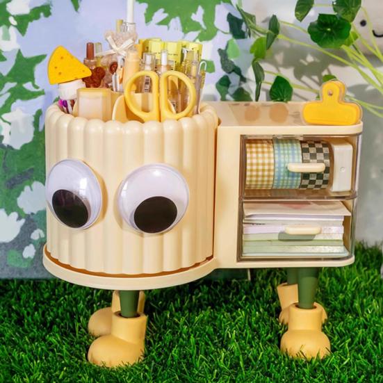 Cute Rotating Pen Holder with Drawer 2-in-1 Large Capacity Desktop Organizer for Kids Girls Multifunctional Storage And Sorting Box