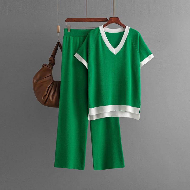 Simple and Fashionable Collar Short-sleeved Knitted Sweater High Waist and Thin Drape Trousers Contrasting Color Knitted Two-piece Set