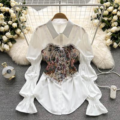 Aesthetic Elegant Lace Up Shirt Dresses Women Spring Vintage Short Party Mini Dress Female Fashion Design Casual Patchwork 2 Piece Set