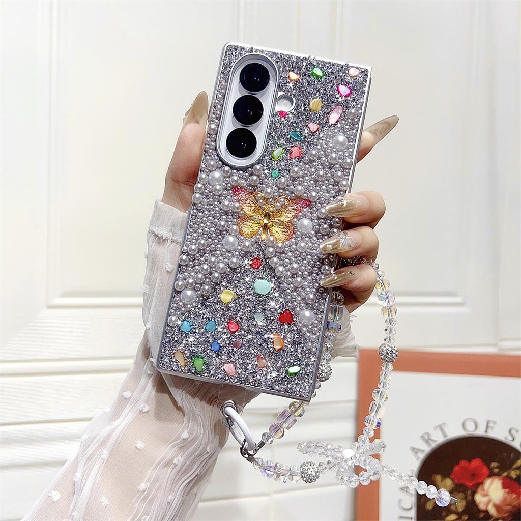 Bling Butterfly Bracelet Chain Phone Case for Samsung Galaxy Z Fold 7 6 5 4 Protective Cover with Strap