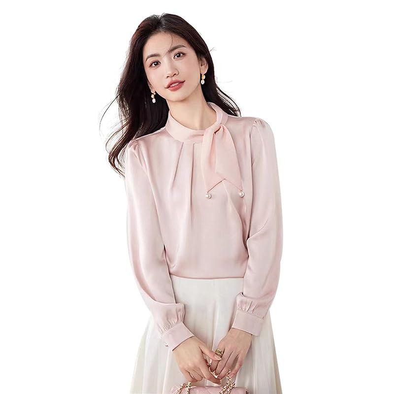 

[TRENDOUX] blouse ladies long sleeve v neck race bow tie frills shirt tops shirt Plain color simple chiffon office formal blouse Fashionable
